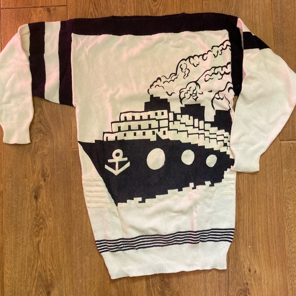 Vintage Nautical Black/blue and White Sweater Boat Neck